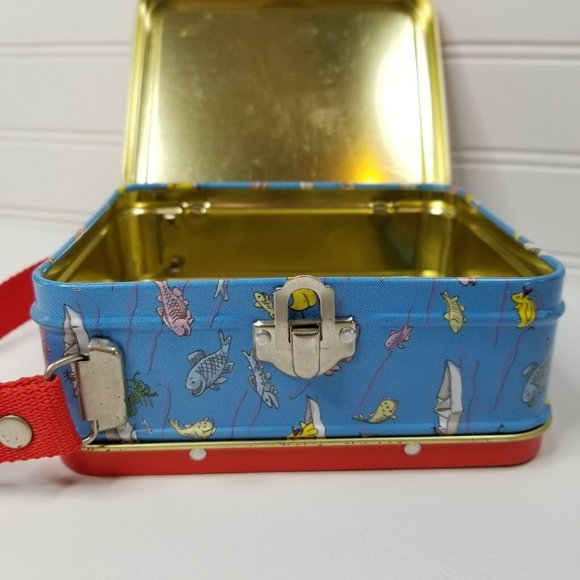 Vintage Mini Metal Lunchbox Curious George Fishing Theme Case Woven Handle - Picture 4 of 10